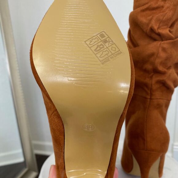 90s Style Slouchy Brown Faux Suede Stiletto High Heel Pointy Boots US 8.5 EU 39 - Picture 6 of 8